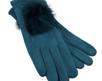 Women Faux Fur Pom Pom Fluffy Plush Teal Gloves Winter
