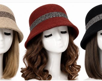 Women 100% Wool Cloche Bucket Hat Winter Beanie Hat Warm Cap