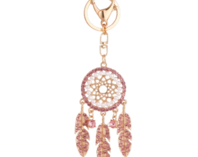 Rhinestone Rose Gold Pearl Beaded Fancy Bling Feather Dreamcatcher Keychain