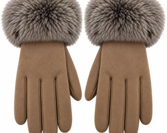 Women's Winter Taupe Faux Fur Trim Gloves
