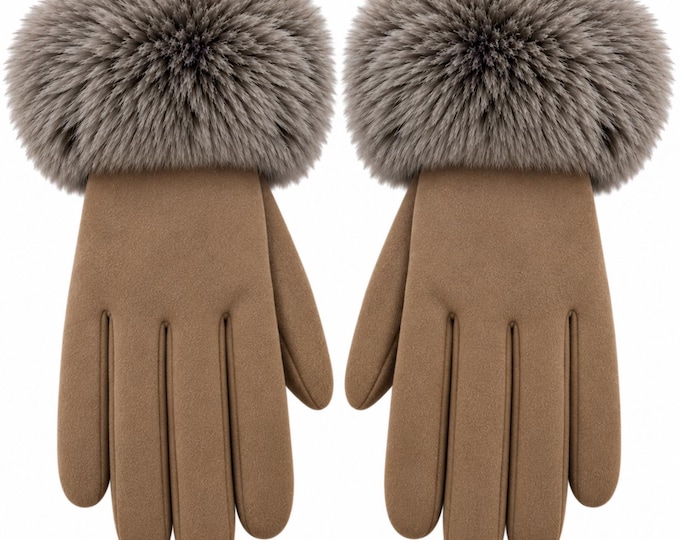 Women's Winter Taupe Faux Fur Trim Gloves
