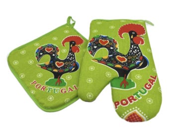 100% Cotton Galo de Barcelos Portuguese Portugal Oven Kitchen Glove Mitt Set