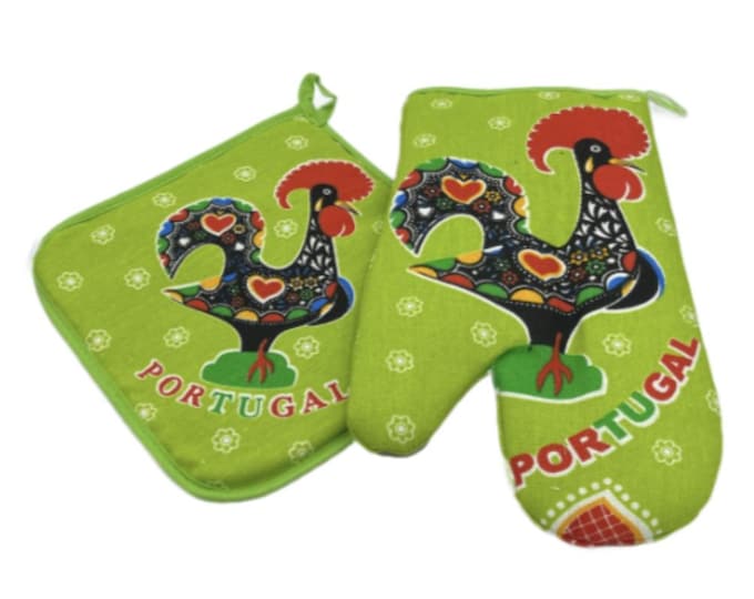 100% Cotton Galo de Barcelos Portuguese Portugal Oven Kitchen Glove Mitt Set