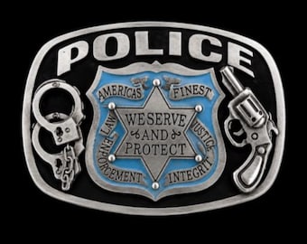 Police Serve And Protect Handcuff Badge Pistol Gun Belt Buckle