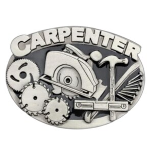 May include: Oval-shaped silver-tone belt buckle with the word "CARPENTER" in raised letters. The buckle features a circular saw, hammer, nails, and other carpentry tools. The background is black.