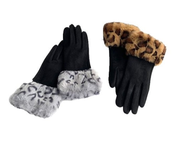 Women's Animal Print Cheetah Leopard Gloves Faux Fur Trim Winter Fall