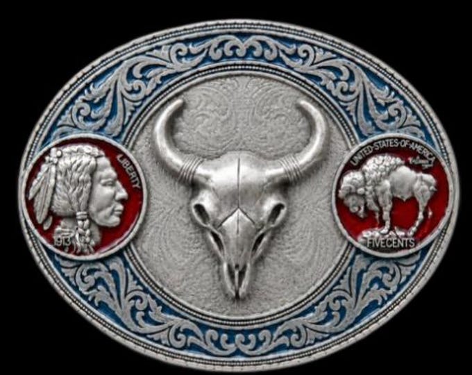 Five Cent Coin Buckle Indian Western Buffalo Longhorn Boucle de Ceinture