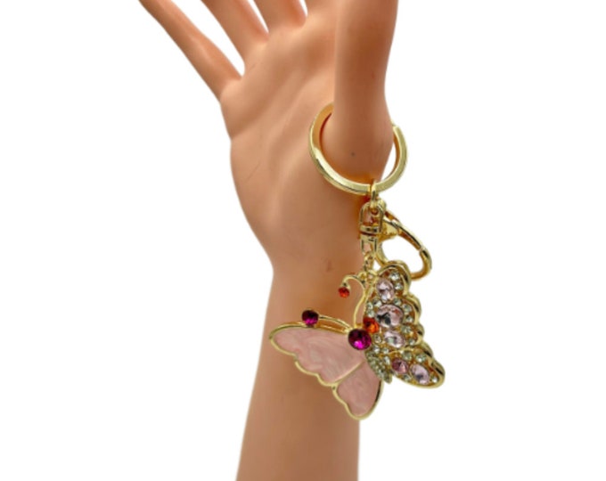 Butterfly Keychain Pink Bling Rhinestone Lobster Clasp