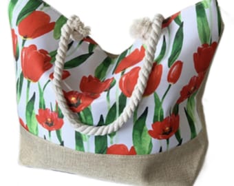 New Fashion Red Tulips Flowers Floral Beach Canvas Large Tote Bag Handbag