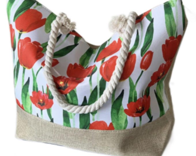 New Fashion Red Tulips Flowers Floral Beach Canvas Large Tote Bag Handbag