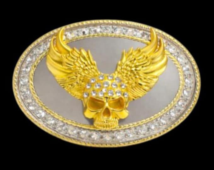 Bling Rhinestones Skull Wings Gold Chrome Belt Buckle Buckles