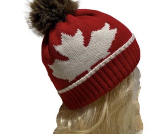 Unisex New Beanie Hat Tuque Winter Canada Maple Leaf Red Pom Pom Knitted