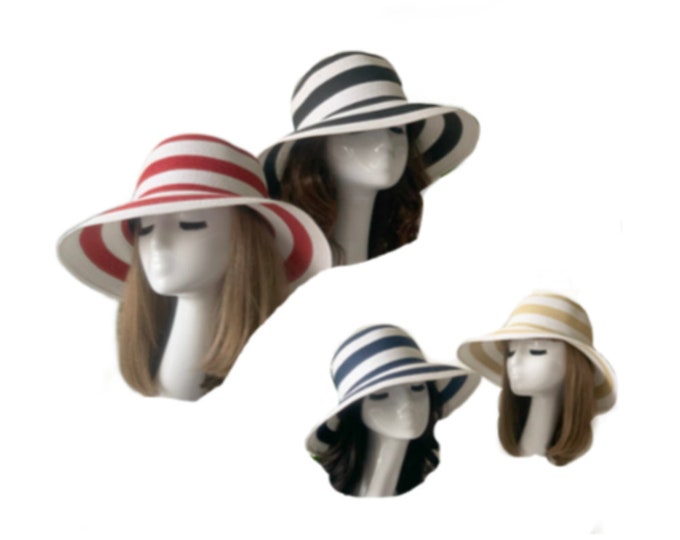 Women Fashion Wide Large Brim Hat Striped Hat Foldable Sun Bucket Cap