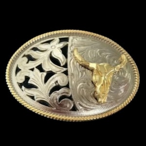 Two Toned Gold Silver Longhorn Steer Bull Western Belt Buckle Boucle de Ceinture