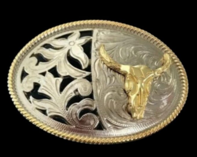 Two Toned Gold Silver Longhorn Steer Bull Western Belt Buckle Boucle de Ceinture