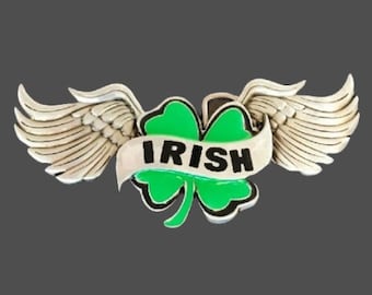 Celtic Irish Lucky Four 4 leaf Clover Wings Belt Buckle