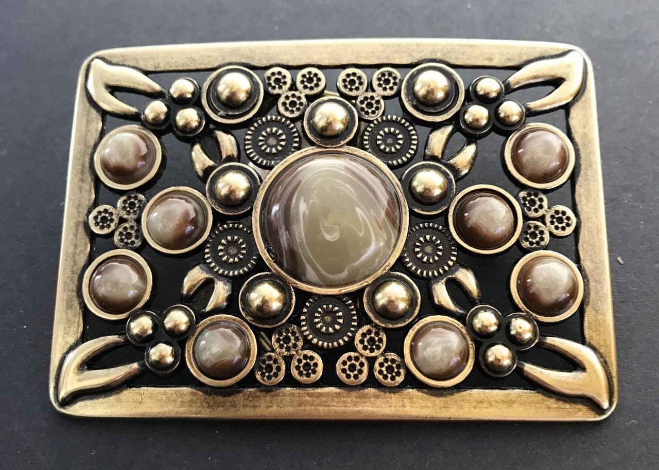Brown Rhinestones Antique Brass Square Belt Buckle
