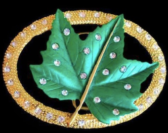 Gold Tone Green Leaf Rhinestone Belt Buckle Buckles