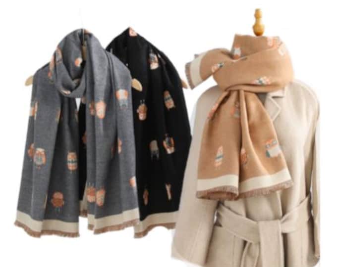 Ladies Top Quality Double Sided Owl Pattern Scarf Evening Shawl Warm