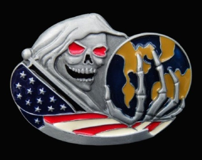 Grim Reaper Skull Wizard World Usa Flag Belt Buckle