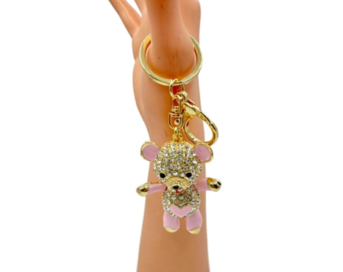 Pink Teddy Bear Crystal Rhinestone Keyring Keychain Handbag Bag Key Ring Bling