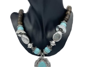Blue Turquoise Colored Stone Pendant Wooden Beaded Boho Chic Necklace