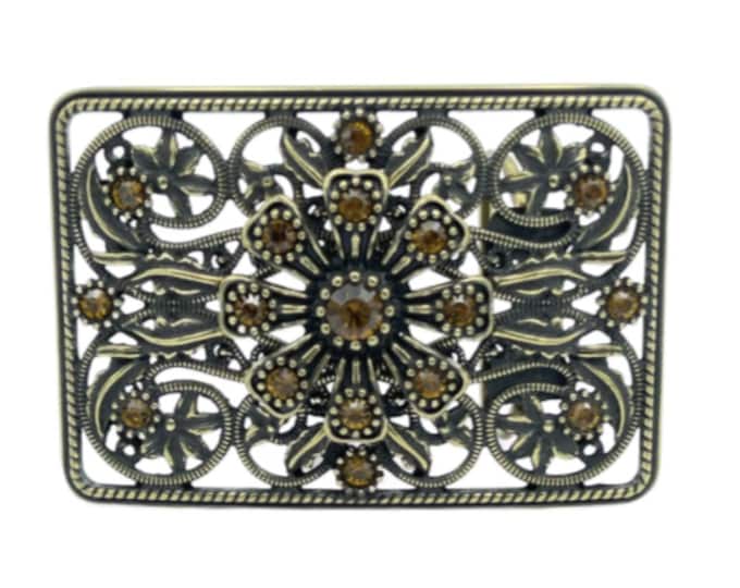 Woman's Flower Belt Buckle Amber Rhinestone Dressy Floral Crystal Boucle Ceinture