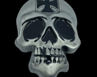 Skull Skeleton Head Metal Belt Buckle Biker Style Silver Tone Cross Gothic