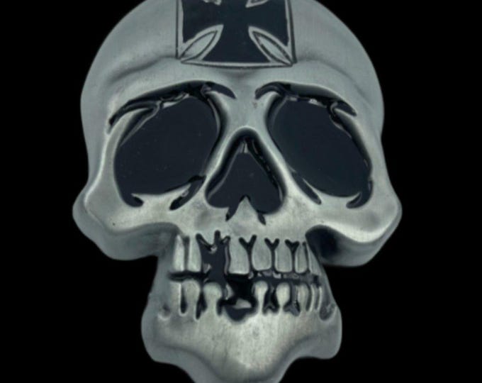Skull Skeleton Head Metal Belt Buckle Biker Style Silver Tone Cross Gothic