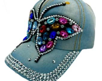 Rhinestone Butterfly Bling Denim Women's Girl's Baseball Cap Hat