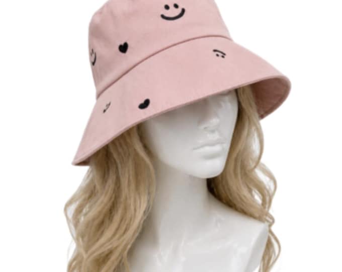 Women's Ladies Bucket Hat Festival Smile Smiley Face Summer Sun Beach Hats