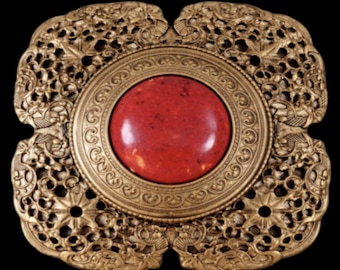 Belt Buckle Flower Red Stone Bronze Color Fashion Buckles