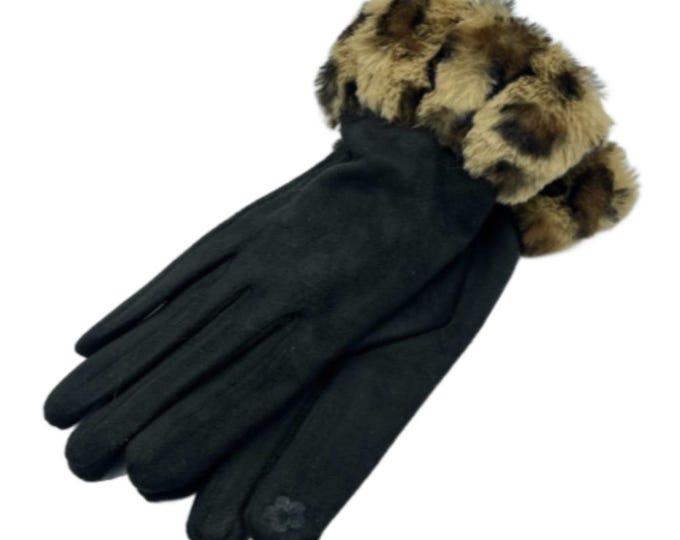 Women's Fashion Gloves Faux Fur Animal Print Trim Winter Fall