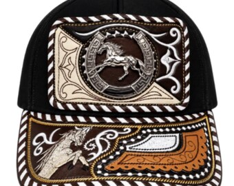 3D Horse  Embroidered Faux Leather Western Hat Unique Design Mesh Back