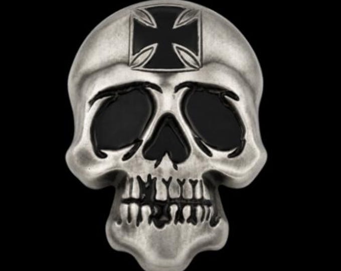 Skull Skeleton Head Metal Belt Buckle Biker Style Silver Tone Cross Gothic