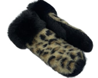 Women's One Size Faux Fur Leopard Animal Print Mittens Mitts
