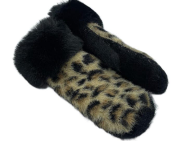 Women's One Size Faux Fur Leopard Animal Print Mittens Mitts