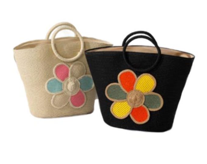 Women's Straw Flower Cute Basic Weave Sewing Thread Square Zipper Straw Bag