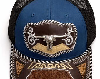 3D Longhorns Embroidered Faux Leather Western Hat Unique Design Mesh Back