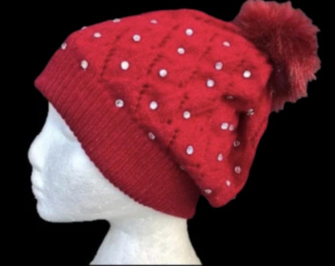 Red Pom Pom With White Rhinestones Winter Fashion Hat