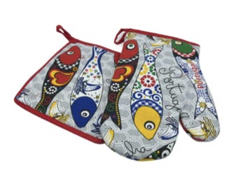 100% Cotton Traditional Portuguese Sardines Symbols Oven Kitchen Mitt Set of 2
