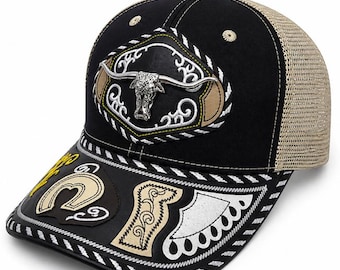 3D Longhonrs Embroidered Faux Leather Western Hat Unique Design Mesh Back