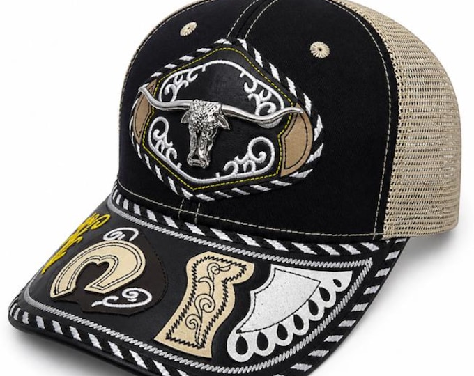 3D Longhonrs Embroidered Faux Leather Western Hat Unique Design Mesh Back