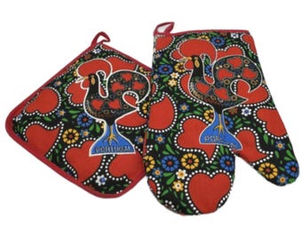 100% Cotton Galo de Barcelos Portuguese Portugal Oven Kitchen Glove Mitt Set