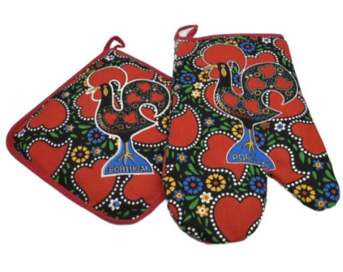 100% Cotton Galo de Barcelos Portuguese Portugal Oven Kitchen Glove Mitt Set
