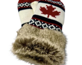 Red Mapleleaf Canada Canadian Faux Fur Fashion Warm Winter Mittens Mitts Gloves
