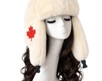 White Mapleleaf Women's Faux Fur Trapper Hat Bomber Russian Trooper Fur Ear Flap