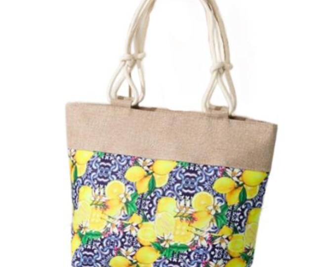 Lemons Blue Tiles Large Capacity Handbag Shopping Travel Tote Shoulder Beach Bag