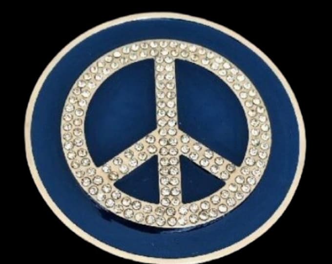 Peace Sign Rhinestone Belt Buckle Love Era Hippie Hippy Signs Blue Rhinestones Belts Buckles