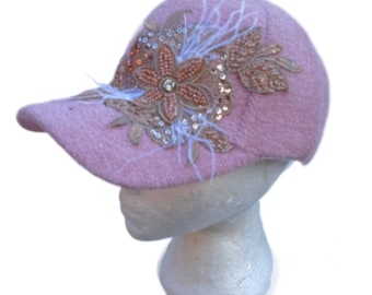 Women's Bling Pink Hat Rhinestones Embellished Flower Floral Feather Adjustable Cap